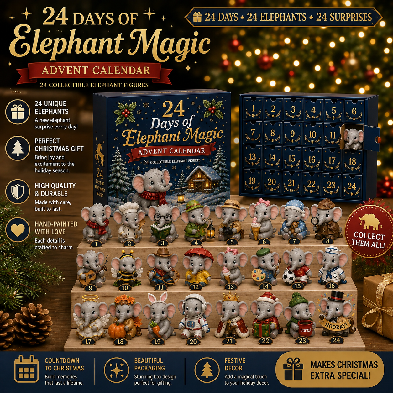 🐘 24 Days of Elephant Magic Advent Calendar – 24 Collectible Christmas Elephant Surprises