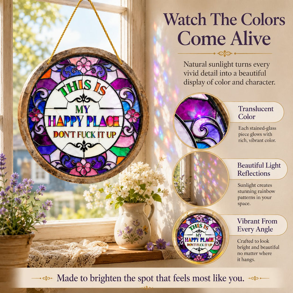 🔥 LAST DAY 49% OFF – 🌈 Stained Glass-Style Happy Place Hanging Suncatcher | Sunlight-Catching Quote Decor for Windows, Porches, Patios & Gifts ✨