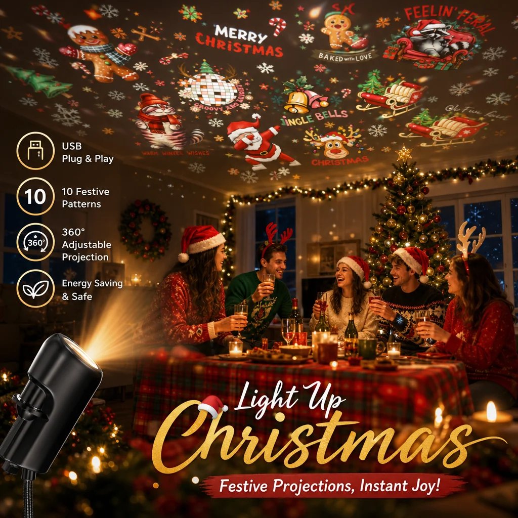 🎅🌌 Plug-and-Play HD Christmas Projector – 6 or 10 festive scenes